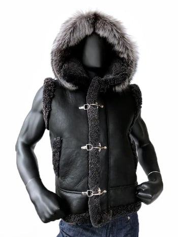 G-Gator 5650 Sheepskin Vest Silver Fox Fur Hood Black Genuine Merino Vest