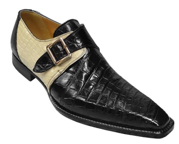 Mauri 53154 Black / Cream Genuine All-Over Alligator Loafer Shoes With Monk Straps.