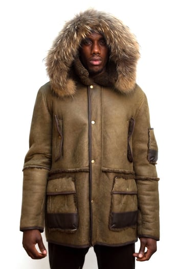 G-Gator Olive Green Sheepskin Parka Jacket With Hood And Leather Trimming 3800.