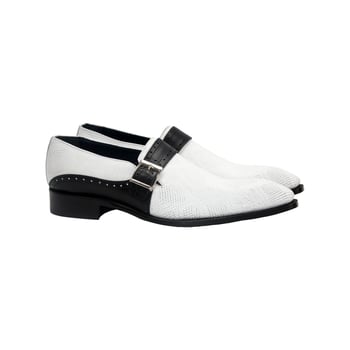 Duca Di Matiste Sezze White / Black Genuine Calf Leather Snake-Print Monk Strap Shoes.
