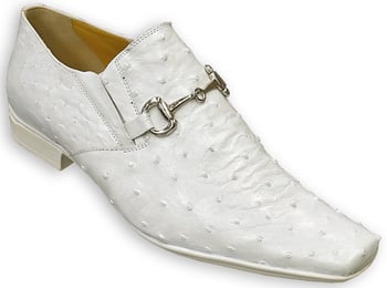 Mauri "Cape Town" 0215 White All-Over Genuine Ostrich Loafer Shoes With Bracelet On Front.