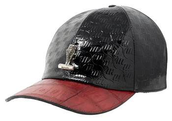 Mauri H-65 Black / Red Genuine Baby Crocodile Hand Painted / Embossed Patent Leather Hat