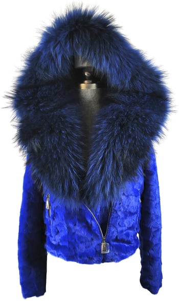 Winter Fur Ladies Royal Blue Genuine Diamond Mink Motor Jacket With Fox Collar And Hood W49S07RB.