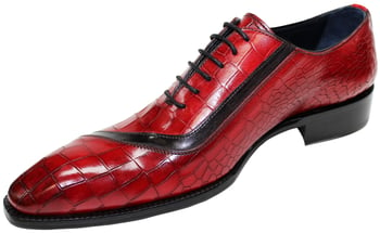 Duca Di Matiste "Torre" Red/Black Genuine Italian Calf Leather Crocodile Print Lace-Up Dress Shoes.