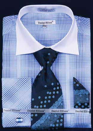 Daniel Ellissa Blue /  White Checker Pattern Two Tone Shirt / Tie / Hanky Set With Free Cufflinks DS3766P2