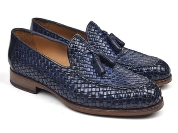 Paul Parkman ''WVN44'' Navy Woven Leather Tassel Loafers .