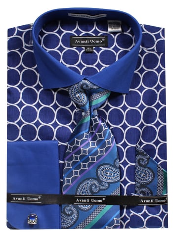 Avanti Uomo Blue Circle Pattern French Cuff 100% Cotton Shirt / Tie / Hanky Set With Free Cufflinks DN68M.