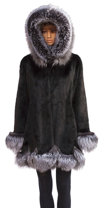 Winter Fur Ladies Black Full Skin Mink 3/4 Coat With Hood And Silver Fox Trimming W59Q03BK