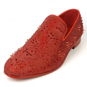 Fiesso Red Suede Rhinestones Spikes Slip on Loafer FI7516.