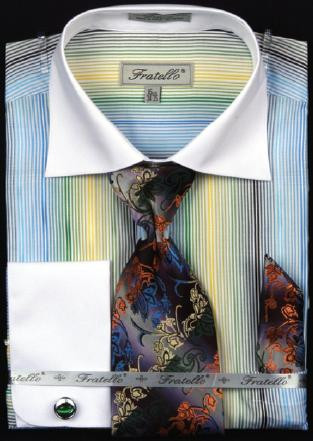 Fratello Green Multi Stripe Two Tone Shirt / Tie / Hanky Set With Free Cufflinks FRV4122P2