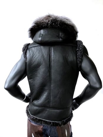 G-Gator 5650 Sheepskin Vest Silver Fox Fur Hood Black Genuine Merino Vest