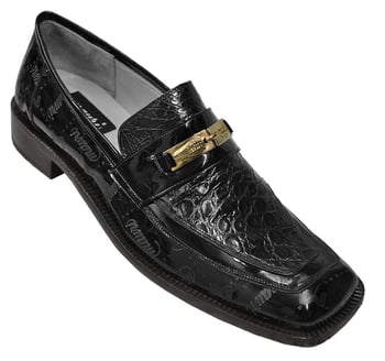 Mauri "7325" Black Genuine Crocodile / Patent Leather Loafer Shoes with Mauri Laser Engraving and Gold Bracelet