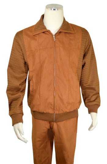 Bagazio BM2185 Cognac Microsuede PU Zip-Up Bomber Jacket & Sweater Set for Men