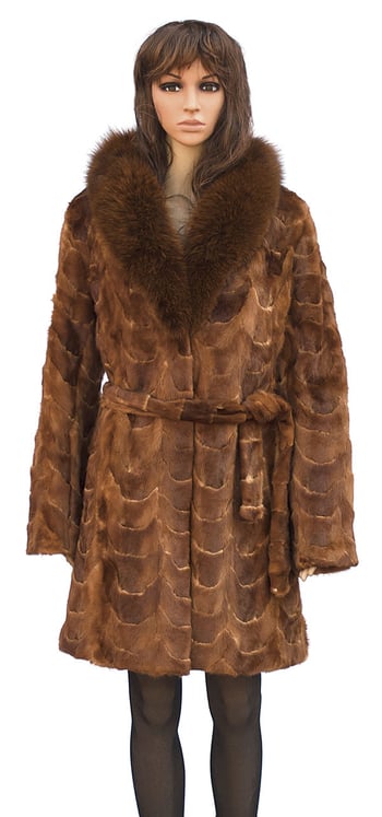 Winter Fur Ladies Whiskey Mink Front Paws 3/4 Coat With Fox Collar And Belt W69Q06WK