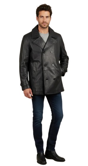 G- Gator 2095 Black Peacoat Leather Jacket Black Double Breasted Lambskin