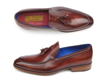 Paul Parkman 073 Antiqued Brown Genuine Italian Calfskin Tassel Loafer Shoes