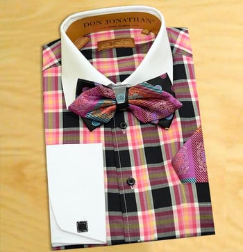 Don Jonathan Pink / White / Black Checkers Design Spread Collar 100% Dress Shirt with Double Layer Bow Tie / Hanky Set BG1031