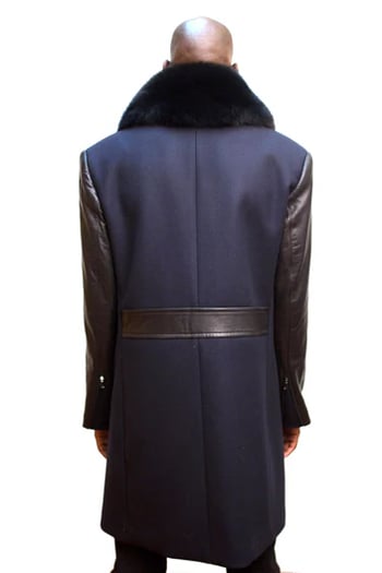 G-Gator 3110 Navy Black Wool Jacket with Leather Sleeves Fox Fur Collar Coat