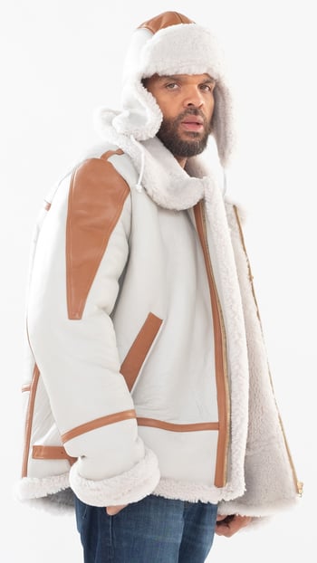 G-Gator White / Brown Genuine Sheepskin Jacket With Leather Trimming 702.