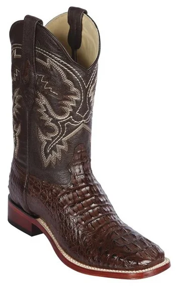 Los Altos Brown Genuine Caiman Hornback Leather Wide Square Toe Cowboy Boots 8220207