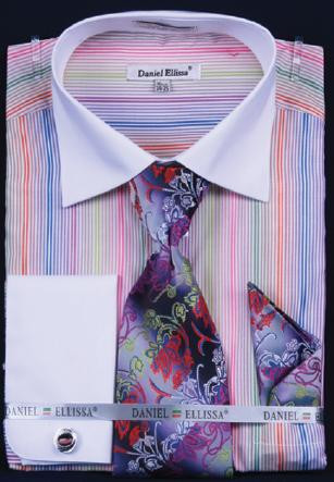 Fratello Purple Multi Stripe Two Tone Shirt / Tie / Hanky Set With Free Cufflinks FRV4122P2