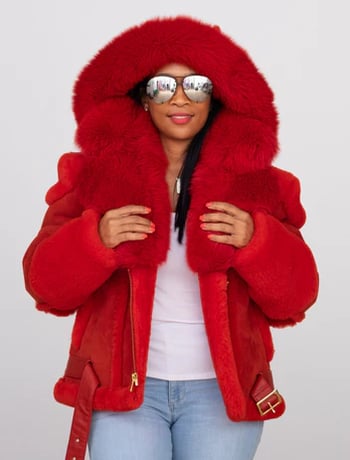 G-Gator #1020 Women's Red Genuine Sheepskin Fox Fur Collar Hood Jacket