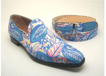 Mauri Blue / White Genuine Lizard Leather Hand Painted Paisley Design Loafer Shoes With Matching Belt.