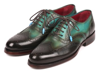 Paul Parkman Brown / Green Genuine Leather Wingtip Goodyear Welted Oxford Dress Shoes 027-BRWGRN