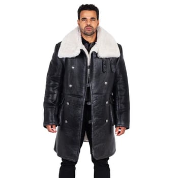 G-Gator 6110 Black White Sheepskin Trench Coat Shearling Button-Up Winter Jacket
