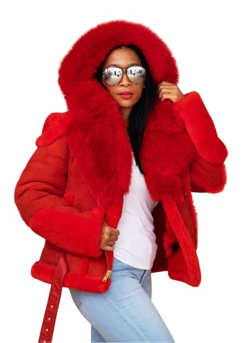 G-Gator #1020 Women's Red Genuine Sheepskin Fox Fur Collar Hood Jacket