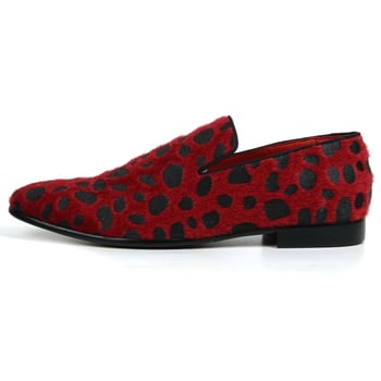 Fiesso Black / Red Leopard Print Pony Hair Slip On Loafer FI7532.