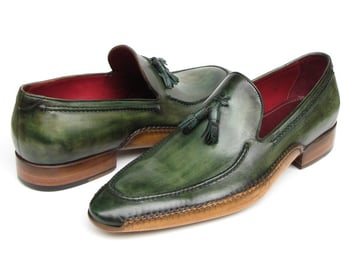 Paul Parkman 082 Green Genuine Leather Side Handsewn Tassel Loafer Shoes