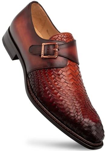 Mezlan "Temi" Cognac / Rust Genuine Woven Calfskin Leather Monk Strap 21069.