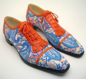 Mauri Orange / Blue / White Genuine Alligator / Silk Fabric / Calfskin Leather Hand Painted Paisley Design Shoes With Fringes.