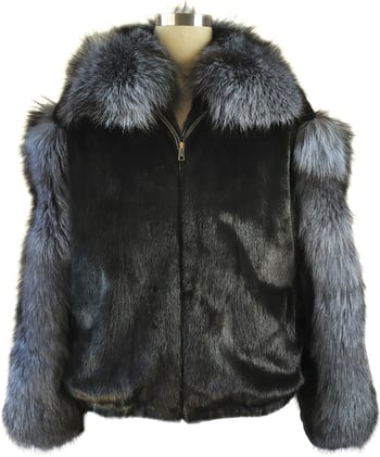 Winter Fur Black / Silver Genuine Full Skin Mink Bomber Jacket With Fox Collar And Sleeves M59R01BKSF.