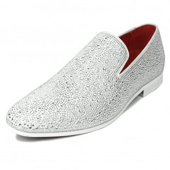 Fiesso White Suede White Rhinestones Slip on Loafer FI7525.