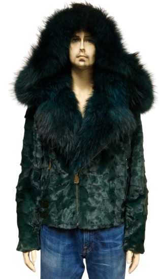 Winter Fur M49S02GN Green Genuine Mink Motorcycle Jacket with Fox Collar