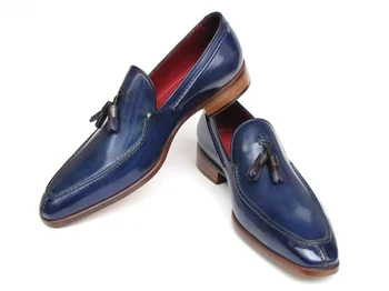 Paul Parkman 083 Cobalt Blue Genuine Leather Hand-Painted  Loafer Shoes With Tassel