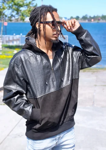 G- Gator 204 Black Two Tone Genuine Lambskin Suede Leather Hoodie Jacket