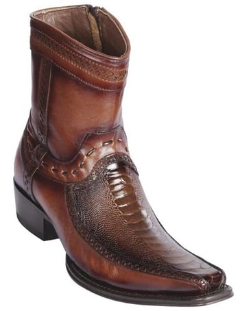 Los Altos  Faded Brown Genuine Ostrich Leg And Deer Boots Leather  European Square Toe Low Shaft Cowboy Boots 76BF0516