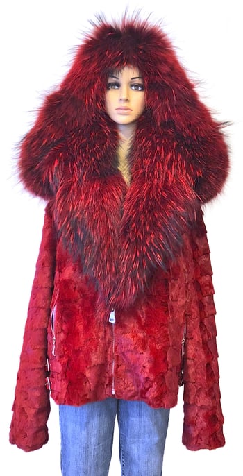 Winter Fur Ladies Red Genuine Diamond Mink Motor Jacket With Fox Collar And Hood W49S07RD.