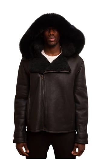 G-Gator 900H Black Genuine Leather Shearling Jacket with Fox Fur Hood Winter Coat