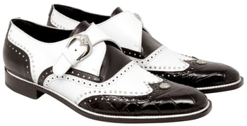 Mauri "Godfather" 3051 Black / White Genuine Body Alligator / Calf Studded Monk Strap Wingtip Shoes.