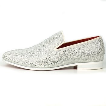 Fiesso White Suede White Rhinestones Slip on Loafer FI7525.