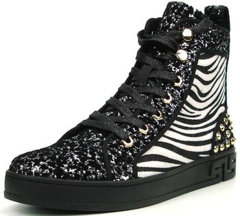 Fiesso FI2347 Black Glitter & Zebra Pony Hair High-Top Sneaker with Studs