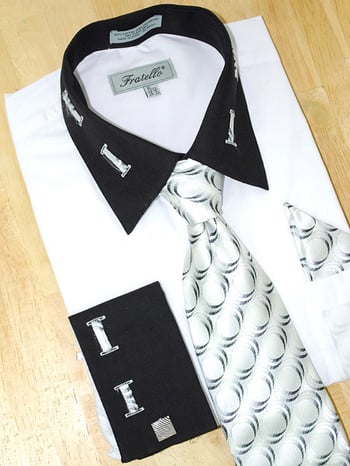 Fratello White With Black/ White Laced Spread Collar And French Cuffs Shirt/Tie/Hanky Set  FRV4105P2