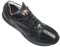 Mauri 8741 "Highway" Black Genuine Stingray And Mauri Embossed Nappa Leather Casual Sneakers With Silver Alligator Head