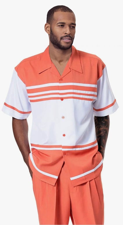 Montique Melon Orange / White Sectional Design Short Sleeve Outfit 1978