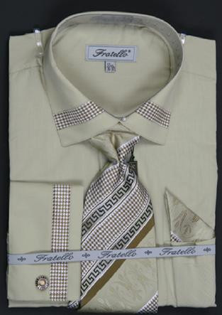 Fratello Olive Houndstooth Patch Shirt / Tie / Hanky Set With Free Cufflinks FRV4109P2