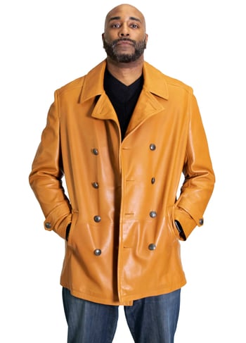 G-Gator Style #2092 Camel Genuine Lambskin Leather Trench Coat Button-Up Wind Resistant